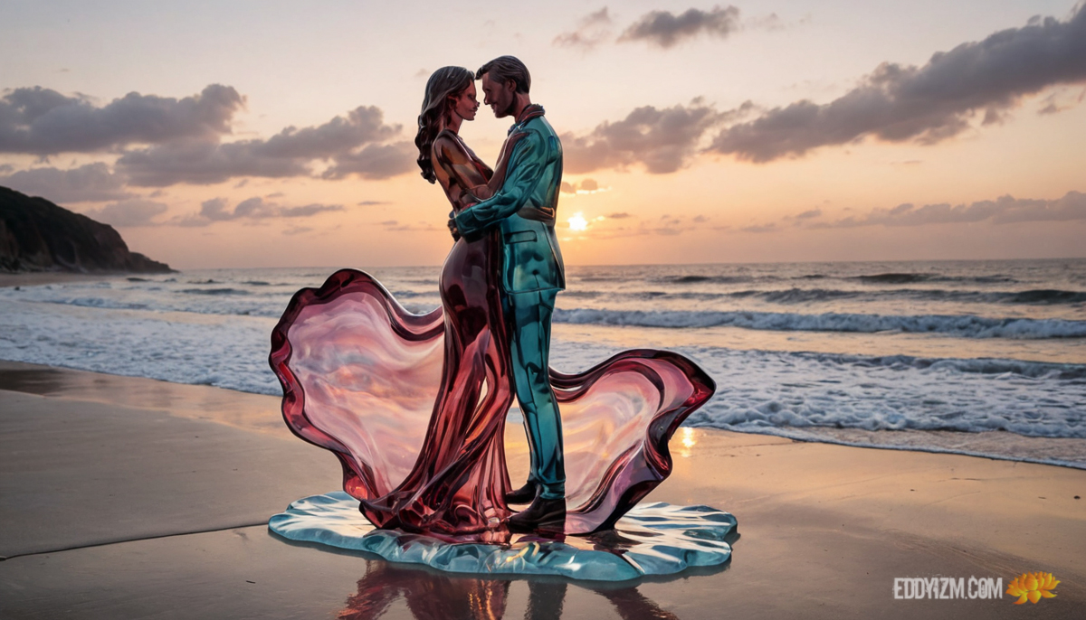 image of glass scultpure of man and women on a beach